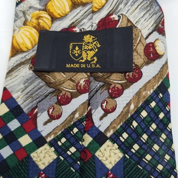 Mens Neck Tie Fall Autumn Harvest Pumpkins Apples Halloween Plaid Farm - Picture 7 of 8